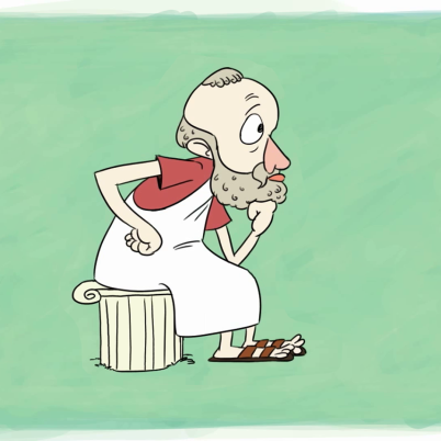 Cartoon van een oud  Grieks mannetje die zit op een laag deel van een zuil.