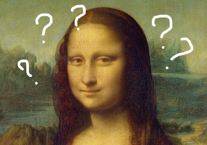 Foto van het schilderij de Mona Lisa met rond haar hoofd witte vraagtekens getekend.