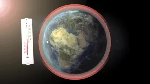 illustratie van de planeet aarde met een dunne atmosfeer met oplopende thermometer.