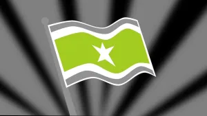 Schematische tekening van de Surinaamse vlag, in groen, grijs en wit.