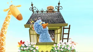 Tekening van een huisje met een ladder en een giraf erbij en Pino (ingemonteerde foto) die uit het raam kijkt.