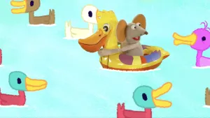 Tekening van eendjes in het water, en Ieniemienie (foto ingemonteerd) dit zit op een zwemband in de vorm van een eend.