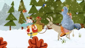 Tekening van een paard dat rijdt door de sneeuw in het bos, op dat paard zit (foto ingemonteerd ervan) Pino en Tommie.