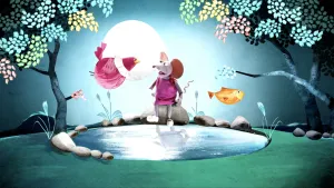 Tekening van een vijver in de tuin met grote volle maan, op een steen zit Ieniemienie die zingt.