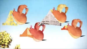 Tekening van aantal oranje kippen op blauwe achtergrond, ze hebben elk in de snavel een driehoekig hoedje van papier.