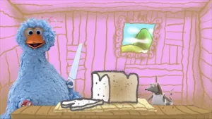 Tekening van een woonkamer met een brood waarvan Pino (foto ingemonteerd) een snee af zaagt.