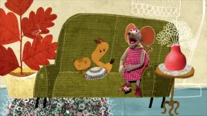 Tekening van een bank in huiskamer met soort hondje erop en (foto) Ieniemienie zit erop.