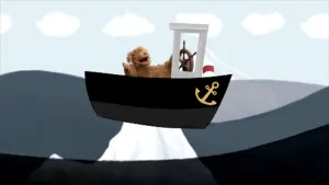 Tekening van een bootje dat vaart, erin zit (foto) Tommie.