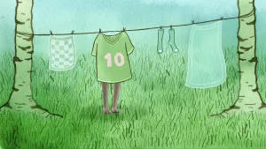 Tekening van waslijn gespannen tussen twee bomen met groen wasgoed eraan, shirt met 10 erop, eronder twee benen.