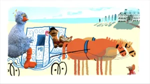 Tekening van een koets met twee paarden ervoor, erop zitten paar figuren uit Sesamstraat zoals Pino (ingemonteerde foto's).