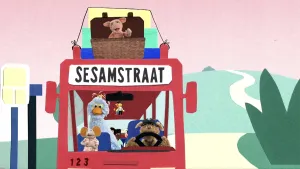 Tekening van voorkant van een bus waarin figuren uit Sesamstraat zitten waaronder Pino, bovenop de bus een koffer waarin Purk zit.