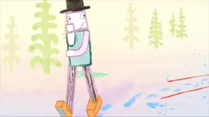 Tekening van mannetje dat loopt op klompen door het bos.