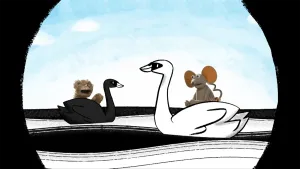 Tekening van een witte en zwarte zwaan die zwemmen in het water, op de rug van de ene zit Tommie, van de andere Ieniemienie.