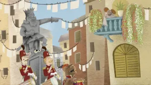 Tekening van een straatbeeld uit het verleden met slingers en muzikanten, Tommie met trommel loopt mee, Ieniemiene kijkt vanaf balkon toe.