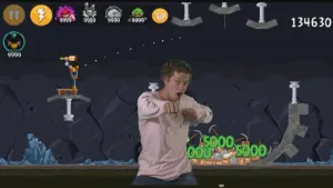 Jongen die doet alsof hij vecht, op de achtergrond beeld van een scène uit een mobiele game.