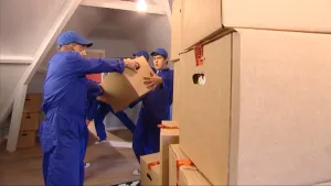Foto van paar mannen met blauwe werkkleding die in kamer verhuisdozen sjouwen.