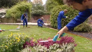 Foto van aantal tuinmannen met blauwe werkkleding aan die werken in een tuin met bloemen.