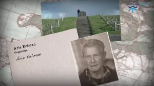 Foto van foto's, onder andere van een dijk, en pasfoto, zwart/wit, van de persoon Arie Eelman, ooggetuige van de Watersnoodramp.