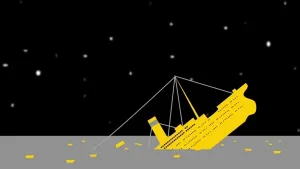 Schematische tekening van de Titanic die zinkt in de zee.