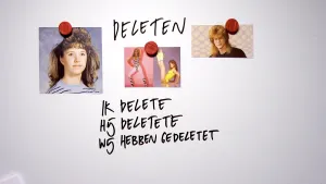 Paar plaatjes van mensen bij elkaar en de tekst "deleten, ik delete, hij deletete, wij hebben gedeletet".