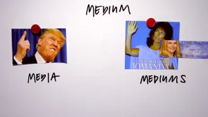 Foto waarin kleinere foto met het portret van Trump, erbij de tekst "media", ander foto met portret van Lomanda, erbij de tekst "mediums".