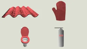 Foto waarop vier objecten van asbest staan: een golfplaatdak, WC-bril, een ovenwant, een spuitbusje.