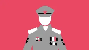 Schematische tekening van Jozef Stalin in uniform met pet op, rode achtergrond.