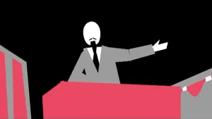 Schematische tekening van Lenin die een toespraak houdt achter kansel.