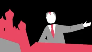 Schematische tekening van Gorbatsjov die toespraak houdt, op de achtergrond in rood het Kremlin te Moskou.