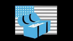 Schematische tekening van de Amerikaanse vlag met ervoor een schatkist met geldstukken.