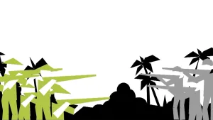 Schematische tekening van twee legers met geweren tegenover elkaar in tropisch landschap met palmbomen, Vietnam.
