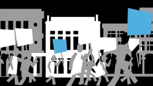 Schematische tekening van een betoging, demonstratie, die loopt in op straat in de stad.