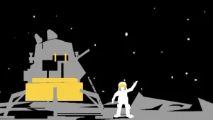 Schematische tekening van de maanlander op de maan en astronaut, Neil Armstrong, ernaast.