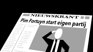 Schematische tekening van de voorpagina van een krant met Pim Fortuyn op de foto, erboven de krantenkop "Pim Fortuyn start eigen partij".