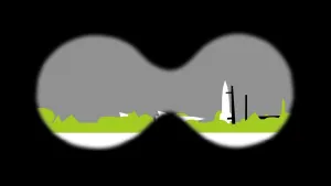 Schematische tekening van kijk door een verrekijker, je ziet de 2 lenzen, waarachter een militair vliegveld te zien is en een raket die rechtop staat.