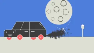 Tekening van een zwarte auto met uitlaatgas en een rondje met daarin pollen van gras, planten en bomen sterk vergroot getekend.
