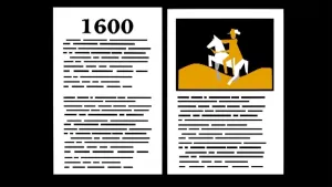 Schematische tekening van een opengeslagen boek met tekst en illustratie van ruiter op paard, "1600" als titel van de tekst.