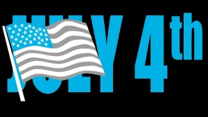 Schematische tekening van de Amerikaanse vlag en erachter de tekst "July 4th".