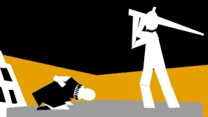 Schematische tekening van Johan van Oldenbarnevelt die onthoofd gaat worden buiten op een plein.