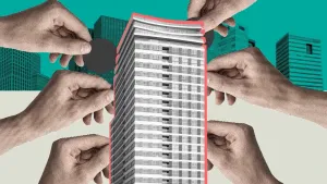 Foto van een hoog flatgebouw waar zes handen aan zitten.