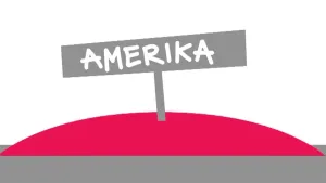 Schematische tekening van een rode heuvel met erop bordje met de tekst "Amerika".