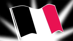 Tekening van vlag die zwart, wit, rood is gestreept, verticale strepen.