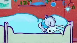Tekening van een jongetje dat slaapt in een ledikant, bed, bij hem ligt een wit knuffelkonijn.