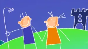 Tekening, cartoonachtig, beetje kinderlijk, waarop man en vrouw hand in hand lopen over straat.