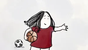 Tekening van Sesamstraat waarop een meisje staat die een basketbal mee draagt, achter haar ligt nog een voetbal.