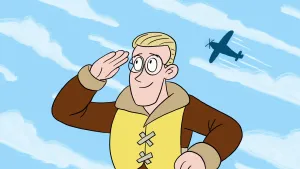 Tekening van een man, cartoonachtig, de Soldaat van Oranje, die buiten staat, in de lucht vliegt een vliegtuig.