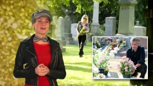 Foto van presentator met achter haar een begraafplaats waar een vrouw loopt met een bos bloemen, erin gemonteerd foto van een man die bloemen bij een graf neerzet.