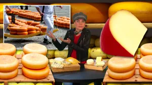 Foto van presentator die staat in kamer met planken met kazen en stukjes kaas erop, achter haar foto van een kaasmarkt.