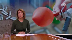 Foto van nieuwslezer aan de desk, achter haar grote foto van een rood ballonnetje met lachgas erin.