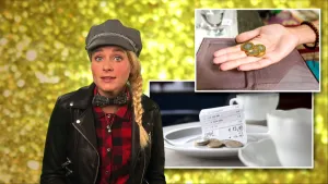 Foto van presentator met pet op en twee ingelaste foto's waarop muntgeld te zien is en een bon.